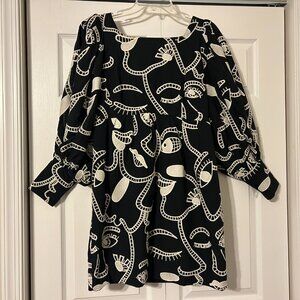 FARM RIO Sz M Richelieu Faces Black & White Embroidered Back-Bow Mini Dress